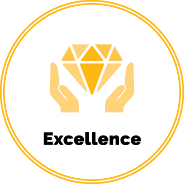 An icon with two hands cupping a diamond with text that reads "Excellence".