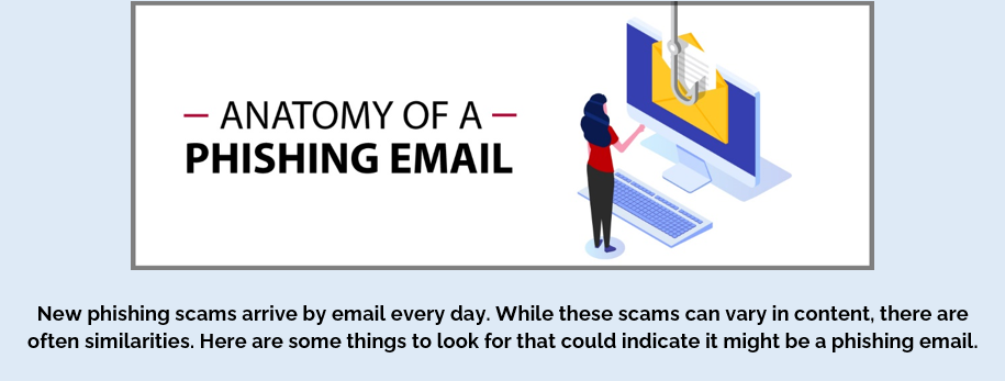 Anatomy of a phishing email.

New phishing scams arrive by email every day. While these scams can vary in content, there are often similarities. Here are some things to look for that could indicate it might be a phishing email.