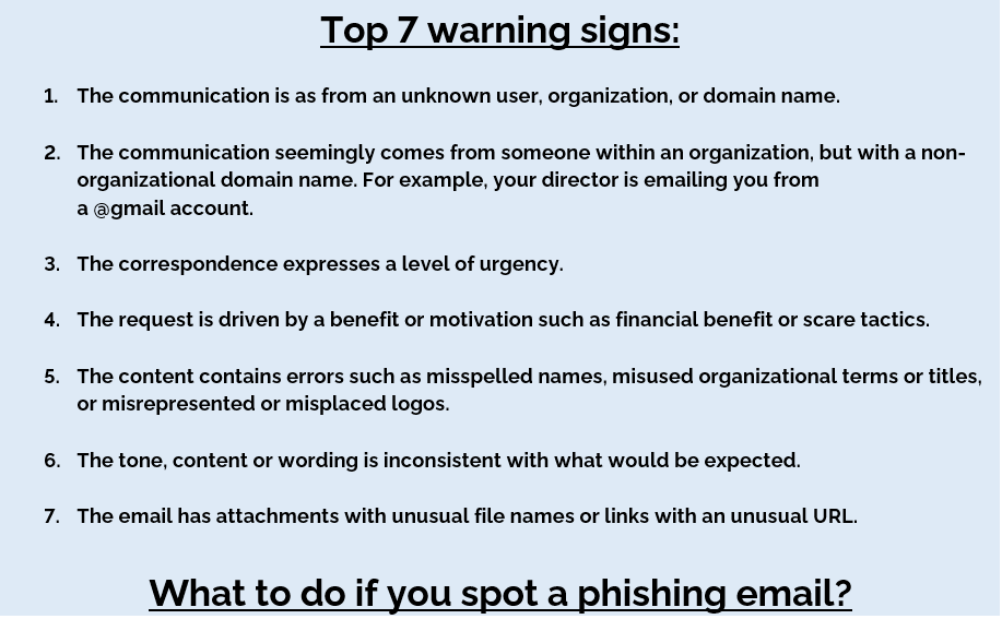Top 7 warning signs:

1.	The communication is as from an unknown user, organization, or domain name.

2.	The communication seemingly comes from someone within an organization, but with a non-organizational domain name. For example, your director is emailing you from a @gmail account.

3.	The correspondence expresses a level of urgency.

4.	The request is driven by a benefit or motivation such as financial benefit or scare tactics.

5.	The content contains errors such as misspelled names, misused organizational terms or titles, or misrepresented or misplaced logos.

6.	The tone, content or wording is inconsistent with what would be expected.

7.	The email has attachments with unusual file names or links with an unusual URL.
What to do if you spot a phishing email?
