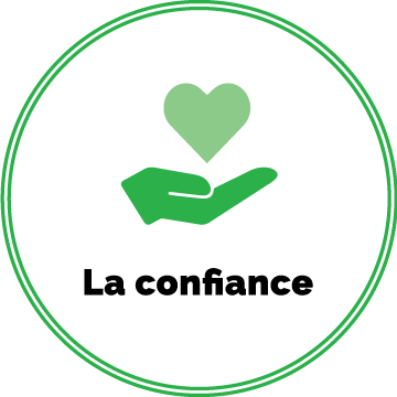 Une icône représentant une paume de main ouverte surmontée d'un cœur et d'un texte indiquant "confiance".